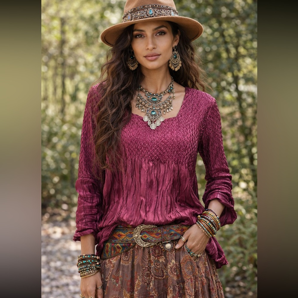 Toffee Apple Boho Smocked V-Neck Long-Sleeve Top — Wine